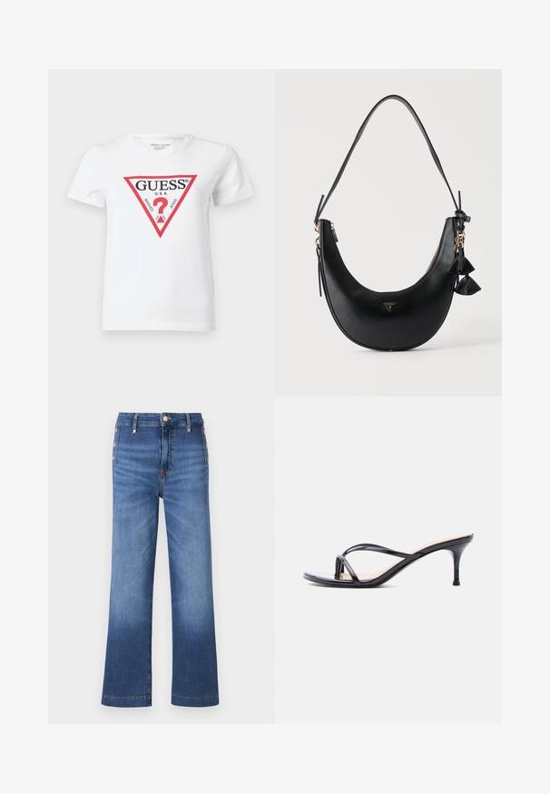 Wit katoenen T-shirt met een rood driehoekig logo met de tekst "GUESS U.S.A." en verschillende data. Korte mouwen en een ronde hals.; Blauwe jeans met wijde pijpen, zijdezijdige knoopdetails en een hoge taille.; Zwarte laklederen sandaal met hakken, dunne gekruiste bandjes en een slanke, middelhoog stilettohak op een witte achtergrond.; Zwarte halvemaanvormige schoudertas met gestructureerd oppervlak, gouden rits, kwastjeshanger en klein driehoekig Guess-logo aan de voorkant in het midden.
