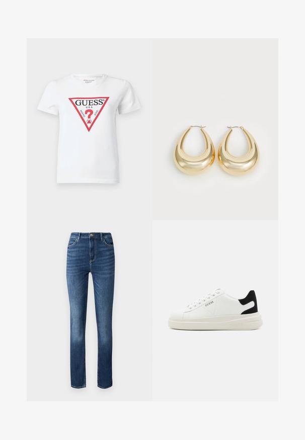 Hvid bomulds-T-shirt med en rød trekantet logo med teksten "GUESS U.S.A." og forskellige datoer. Kortærmet med rund hals.; Mørkeblå denim jeans med lige ben, fem-lomme stil og diskret slidmærker foran for ekstra tekstur.; Hvide lædersneakers med en tyk hvid sål, sort ruskindhælvægt og prægede logoer på siden. Snørebåndsdesign med seks øjer.; Guldtonede hoops øreringe med et glat, buet design og en poleret overflade. Lystreflekterende tekstur og sikker hoop lukning.