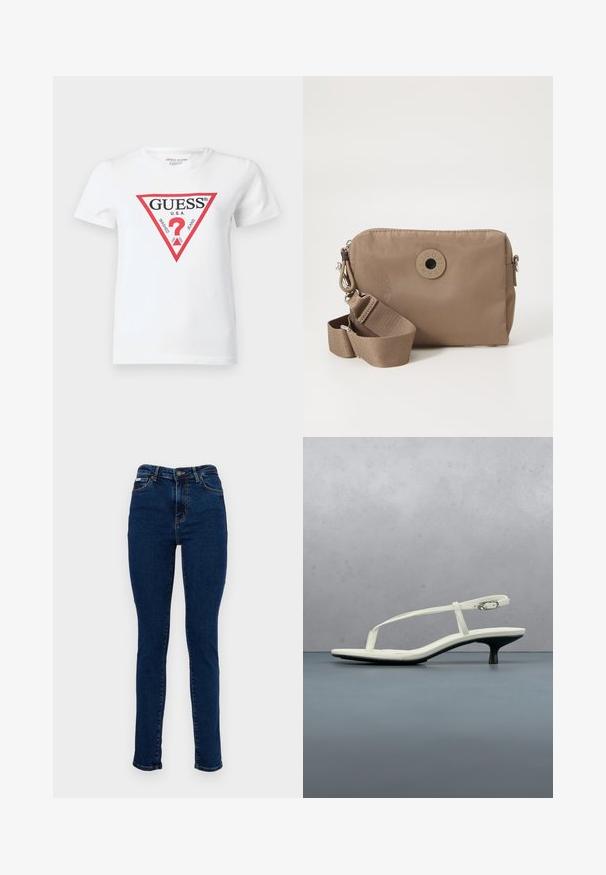 Hvid bomulds-T-shirt med en rød trekantet logo med teksten "GUESS U.S.A." og forskellige datoer. Kortærmet med rund hals.; Mørkeblå denim jeans med stram pasform, med en mid-rise talje, bæltestropper, fem lommer og en subtil, falmet tekstur.; Hvid sandal med stropper og kitten-hæl med spids tå, svævende over et trægulv udendørs med en sløret plante og væg i baggrunden.; Brun nylon crossbody taske med lynlås, der har et rundt logo og justerbar strop. Glat tekstur med subtil glans.