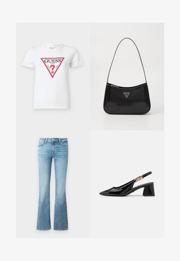 Camiseta blanca de algodón con un logo triangular rojo que incluye el texto "GUESS U.S.A." y varias fechas. Manga corta y cuello redondo.; Pantalones de mezclilla de campana en azul claro con bolsillos delanteros, pasadores para cinturón y cierre de botón.; Zapatos de charol negro con tacón de pala y puntera afilada, con detalles en tono dorado en la correa, que presentan un tacón cuadrado. Textura suave.; Bolso de hombro de charol negro con forma curva, que presenta un logotipo triangular plateado y un cierre de cremallera. Textura suave y correa delgada.