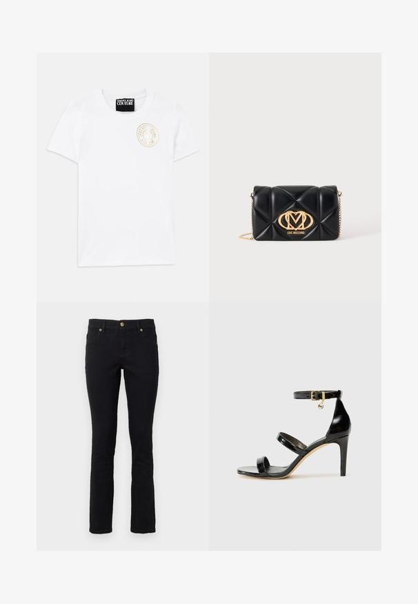 Hvid bomulds T-shirt med korte ærmer og rund halsudskæring. Har et guld broderet logo på brystet. Simpelt og klassisk design.; Sorte denimjeans med lige snit, fem-lomme design, knaplukning og hardware-accenter i guldtoner. Blød tekstur med minimal detaljer.; Sorte patenterede lædersandaler med tre stropper, ankelspænde og 10 cm stiletthæl. Har detaljer i guld og et logo charms.; Sort quiltet læderhåndtaske med guldkædestrop og gyldent Love Moschino-logo foran i midten.
