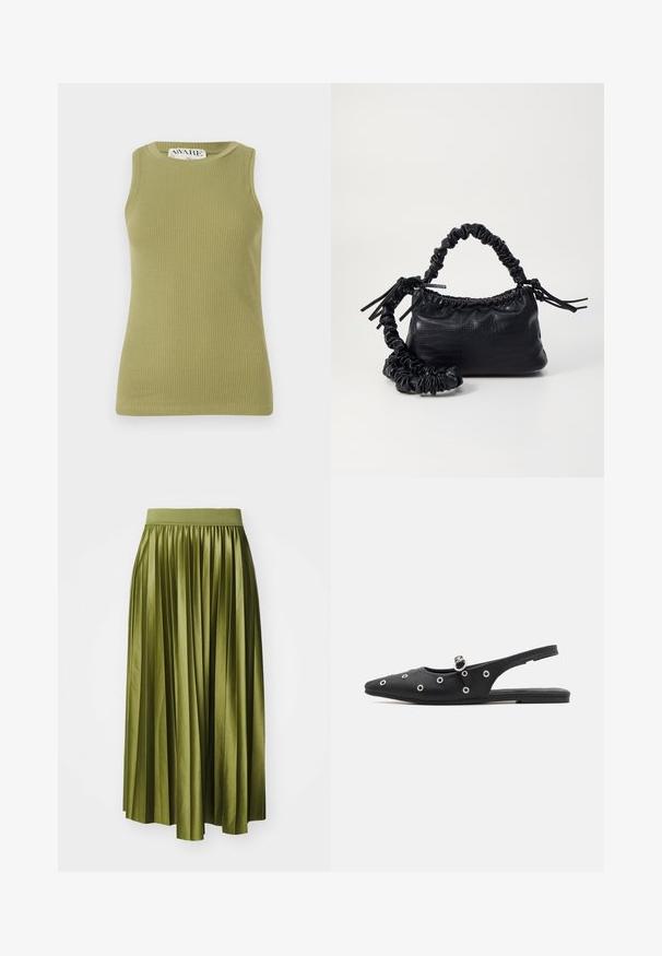 Grünes geripptes Tanktop mit Rundhalsausschnitt und ärmellosem Design. Der Stoff hat ein strukturiertes Muster und eine figurbetonte Silhouette.; Faltenrock in Midi-Länge aus olivgrünem Satin, mit einem breiten, elastischen Bund und einer fließenden Silhouette mit vertikalen Falten.; Schwarzer Slingback-Schuh mit spitz zulaufender Zehenpartie, glattem Material, silbernen Ösenakzenten und einem Schnallenriemen. Flache Sohle mit minimalem Profil.; Schwarze Handtasche aus Kunstleder mit Krokodilstruktur, gerafftem oberen Teil und einem geschoppten Tragegurt. Sie wirkt weich und kompakt im Design.