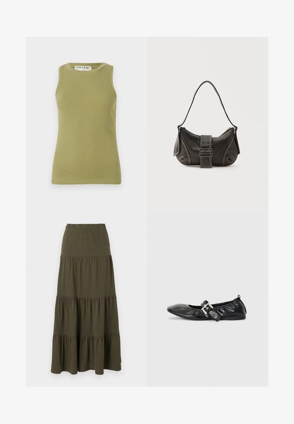 Grünes geripptes Tanktop mit Rundhalsausschnitt und ärmellosem Design. Der Stoff hat ein strukturiertes Muster und eine figurbetonte Silhouette.; Olivgrüner gestufter Maxirock mit elastischem Bund und gerafften Stoffbahnen.; Schwarze Leder-Ballerinas mit spitzem Zehenbereich, gerafften Details am Schaft und einem silbernen Schnallenakzent am verstellbaren Riemen.; Schwarze Leder-Schultertasche mit Schnallengurt-Detail, abgerundeten Kanten und kontrastierenden weißen Nähten auf schlichtem Hintergrund.