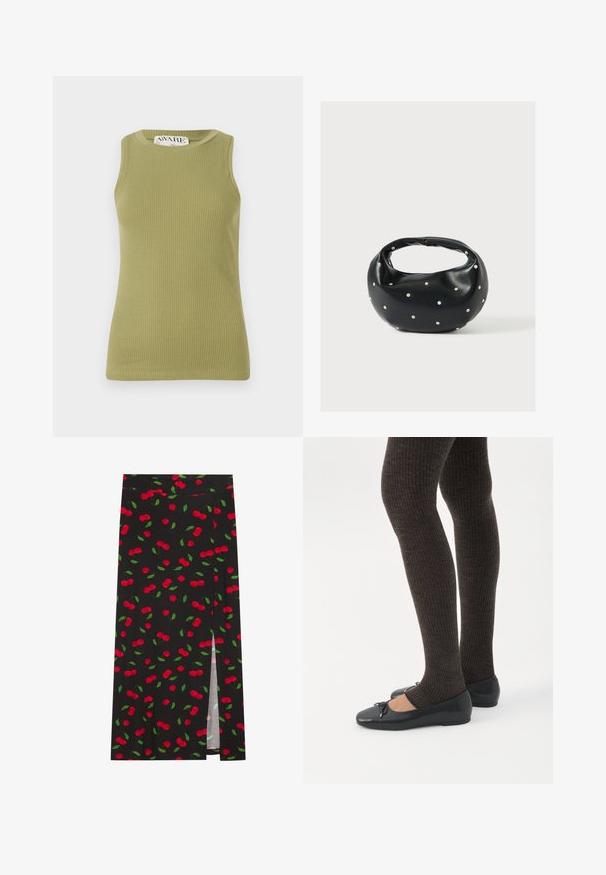 Grøn, ribbet tanktop med rund halsudskæring og ærmeløs design. Stoffet har et struktureret mønster med en tætsiddende silhuet.; Sort nederdel med et kirsebærprint, der viser røde kirsebær og grønne blade. Indeholder en sidesplit for ekstra designfunktion.; Ben iført mørke ribbede leggings kombineret med sorte balletsko med små sløjfedetaljer på hvid baggrund.; Sort læderhåndtaske med en rundet form, dekoreret med sølvnitter, og et kort håndtag. Glat tekstur og lynlåslukning.