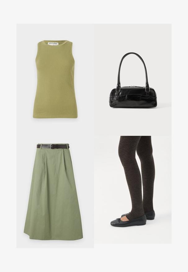 Top de tirantes verde con cuello redondo y diseño sin mangas. La tela presenta un patrón texturizado con una silueta ajustada.; Falda larga verde oliva clara con pliegues y un cinturón marrón oscuro con hebilla plateada en la cintura.; Piernas con leggings oscuros acanalados combinados con bailarinas negras que presentan pequeños detalles de lazo sobre un fondo blanco.; Bolso de mano de cuero negro con forma rectangular, equipado con un asa estructurada, herrajes en plata y cierre de cremallera. Textura suave.