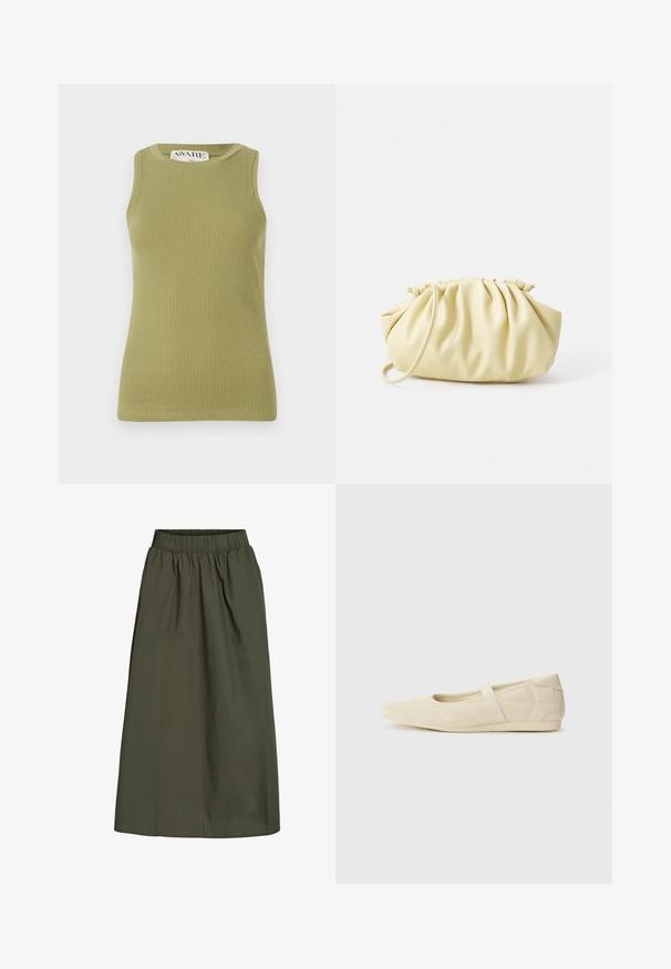 Top de tirantes verde con cuello redondo y diseño sin mangas. La tela presenta un patrón texturizado con una silueta ajustada.; Falda de color verde oliva, hasta los tobillos, con cinturilla elástica con fruncido y una textura de tela suave y ligeramente arrugada.; Bailarinas beige con un exterior de cuero liso, punta en forma de almendra y una correa elástica en el empeine, con detalles de costura sutiles.; Bolso amarillo plisado hecho de cuero sintético suave, con una forma blanda y una sola correa para el hombro, además de un diseño de parte superior recogida.