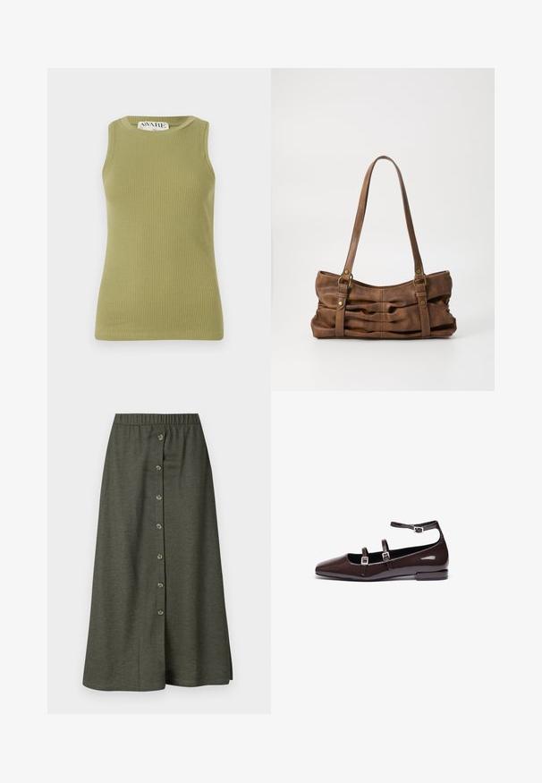 Grünes geripptes Tanktop mit Rundhalsausschnitt und ärmellosem Design. Der Stoff hat ein strukturiertes Muster und eine figurbetonte Silhouette.; Khaki Midi-Rock mit einem Knopfverschluss auf der Vorderseite mit acht Knöpfen, elastischem Bund und glattem, leichtem Stoff.; Braune Lacklederschuhe mit spitzem Zehenbereich, ausgestattet mit zwei verstellbaren Riemen und silbernen Schnallen sowie einem niedrigen, quadratischen Absatz.; Even&Odd by Zalando Handtasche - brown