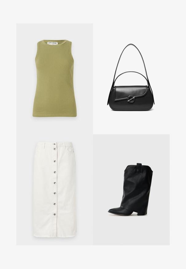 Top de tirantes verde con cuello redondo y diseño sin mangas. La tela presenta un patrón texturizado con una silueta ajustada.; Falda midi de denim blanco con cierre de botones en el frente, dos bolsillos laterales y acentos bordados en la cinturilla. Presenta un dobladillo sin terminar.; Botín de cuero negro con punta afilada, silueta holgada y tacón bajo en bloque. Presenta un pequeño lazo trasero para facilitar el calzado.; Bolso de hombro de cuero negro con una solapa curva asegurada por un broche metálico redondo y una correa delgada y ajustable.