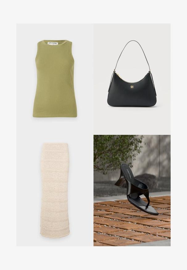 Grünes geripptes Tanktop mit Rundhalsausschnitt und ärmellosem Design. Der Stoff hat ein strukturiertes Muster und eine figurbetonte Silhouette.; Strick-Midikleid in hellem Beige mit horizontalen Strukturstreifen. Figurbetonte Silhouette, weicher Stoff und ein leicht offener Saum am unteren Ende.; Schwarze Calvin Klein Riemchensandale mit Absatz, schwebend über einer gefliesten Außenfläche mit Grünpflanzen und einer Betonwand im Hintergrund.; Schwarze Lederhandtasche mit goldfarbenem Reißverschluss, dünnem Riemen und goldenem "HUGO"-Logo mittig auf der Vorderseite.