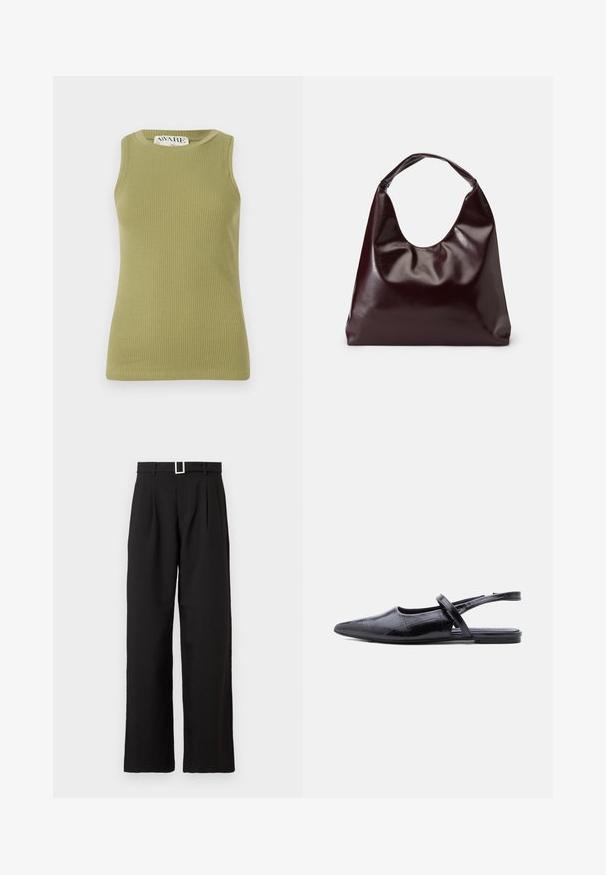 Grøn, ribbet tanktop med rund halsudskæring og ærmeløs design. Stoffet har et struktureret mønster med en tætsiddende silhuet.; Sorte højtaljede bukser med brede ben og bæltestropper samt en sølv rektangulær spænde på hvid baggrund.; Sort spids slingback-flad sko med tynd strop over toppen og tekstureret lædermønster.; Bordeaux, skinnende vegansk læder tote taske med en blød, skulpturel form og et bredt, buet håndtag for nem bæring.