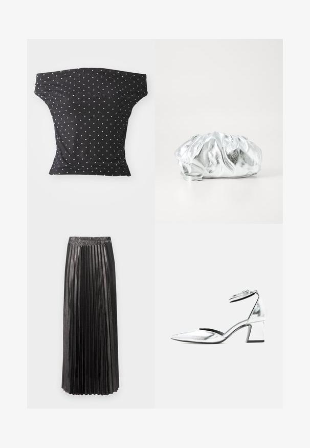 Čierny off-shoulder top vyrobený z pružnej látky, s bielymi bodkami, so priliehavým strihom a mäkkou textúrou.; Čierna plisovaná maxi sukňa s elastickým pásom, s lesklým, textúrovaným povrchom a vertikálnymi plisami pozdĺž celej dĺžky.; Strieborná metalická topánka s nízkym blokovým podpätkom, špicatou špičkou a prackou okolo členku na bielom pozadí.; Metalická strieborná kabelka na rameno s mäkkým, zbieraným telom a tenkým ramenným popruhom. Má hladký, lesklý povrch a okrúhly tvar.