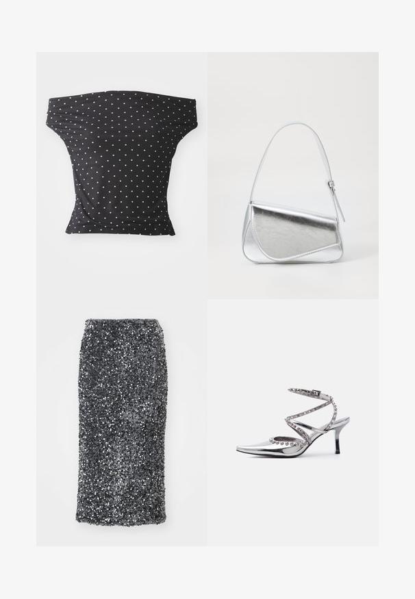 Čierny off-shoulder top vyrobený z pružnej látky, s bielymi bodkami, so priliehavým strihom a mäkkou textúrou.; Sukňa ceruzka z flitrov v tmavosivej farbe s priliehavým strihom. Povrch pokrytý trblietavými, guľatými flitrami pre textúrovaný vzhľad.; Strieborná vysoká podpätková topánka so špicatou špičkou, členkovým remienkom a dekoratívnymi striebornými guľôčkami na remienkoch a okrajoch na bielom pozadí.; Strieborná kovová kabelka s trojuholníkovým tvarom, hladkým povrchom a tenkým, nastaviteľným ramenným popruhom. Má preklápací dizajn s prešitím.