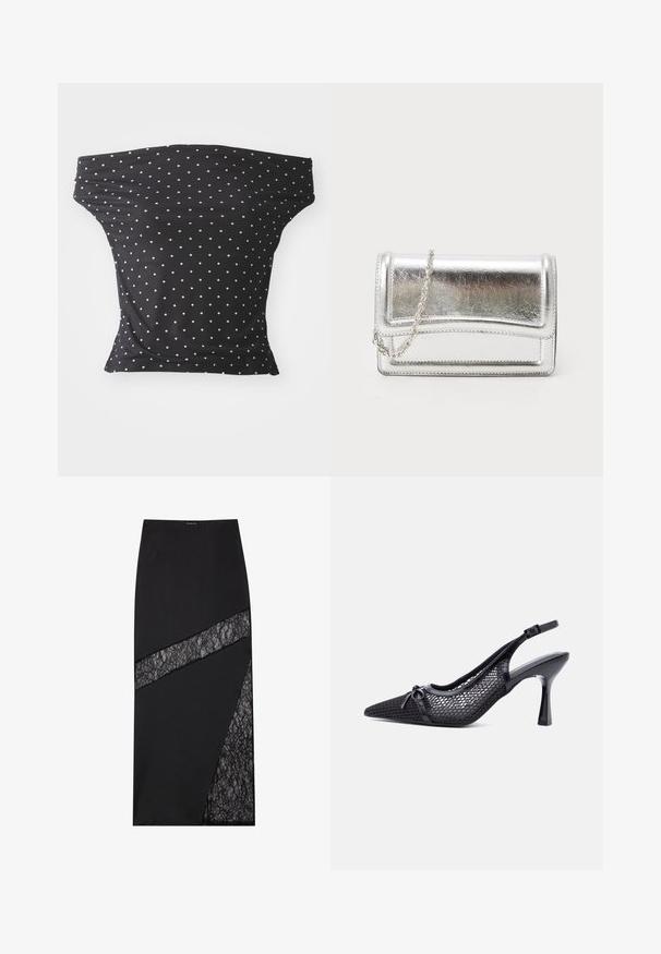 Čierny off-shoulder top vyrobený z pružnej látky, s bielymi bodkami, so priliehavým strihom a mäkkou textúrou.; Čierna midi sukňa s geometrickým dizajnom, textúrovanými čipkovými vložkami, štruktúrovanou látkou a elegantným strihom.; Čierne lodičky na vysokom opätku so špicatou špičkou a remienkom, s medovou sieťovinou v tvare šesťuholníkov a malou ozdobnou mašličkou vpredu.; Strieborná metalická kabelka na zápästie s hladkým povrchom, klopovým uzáverom a reťazovým popruhom. Má štruktúrovaný obdĺžnikový dizajn a prešívané detaily.
