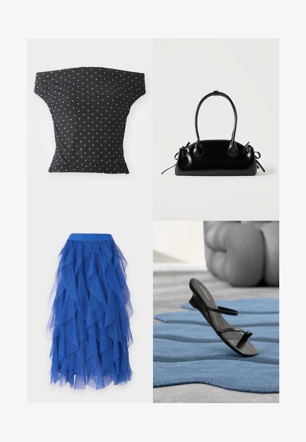 Čierny off-shoulder top vyrobený z pružnej látky, s bielymi bodkami, so priliehavým strihom a mäkkou textúrou.; Modrá vrstvená tylová sukňa s vlnitým dizajnom, ktorá má široký pás a jemnú, priehľadnú textúru. Volány vytvárajú objemný vzhľad.; Čierna sandála s remienkami a slučkou na prst vystavená na modrom textúrovanom koberci, so veľkým sivým dekoratívnym objektom rozmazaným v pozadí.; Malá čierna lesklá kabelka s dvoma dlhými rúčkami a bočnými šnúrkovými detailmi na jednoduchom svetlom pozadí.
