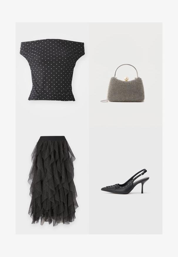 Čierny off-shoulder top vyrobený z pružnej látky, s bielymi bodkami, so priliehavým strihom a mäkkou textúrou.; Čierna sukňa z tylu so saténovými vrstvami a trblietavým strieborným vzorom. Obsahuje čierny elastický pás.; Čierne kožené slingback lodičky na ihličkovom podpätku s špicatou špičkou, bočným zipsom, cvokmi pozdĺž okraja a dekoračným šnurovaním na prednej strane.; Malá kabelka so vzorom striebornej mriežky, zahnutým uchom, veľkou perlovou sponou a tenkým strieborným reťazovým remienkom na obyčajnom pozadí.