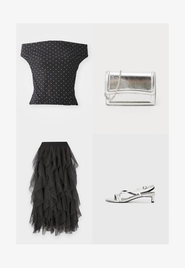 Čierny off-shoulder top vyrobený z pružnej látky, s bielymi bodkami, so priliehavým strihom a mäkkou textúrou.; Čierna sukňa z tylu so saténovými vrstvami a trblietavým strieborným vzorom. Obsahuje čierny elastický pás.; Strieborné metalické sandále na podpätku s nízkym podpätkom, s krížovými remienkami a hladkým povrchom. Minimalistický dizajn.; Strieborná metalická kabelka na zápästie s hladkým povrchom, klopovým uzáverom a reťazovým popruhom. Má štruktúrovaný obdĺžnikový dizajn a prešívané detaily.