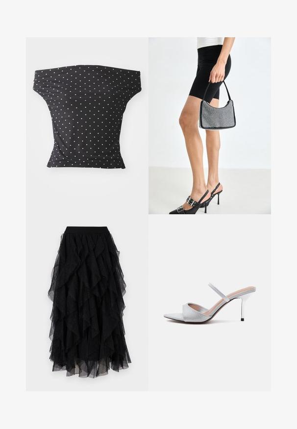 Čierny off-shoulder top vyrobený z pružnej látky, s bielymi bodkami, so priliehavým strihom a mäkkou textúrou.; Čierna tylová sukňa s vrstvenými volánmi, jemnou textúrou a decentnými trblietkami. Elastický pás pre pohodlné nosenie.; Strieborný vysoký podpätok typu mule so špicatou špičkou, trblietavým širokým remienkom cez prsty a tenkým remienkom cez chodidlo, na bielom pozadí.; Čierna korálková kabelka s zakriveným siluetom, nosnou rukoväťou a lesklou textúrou. Nosená s vysokými čiernymi topánkami na opätku a priliehavými čiernymi šortkami.