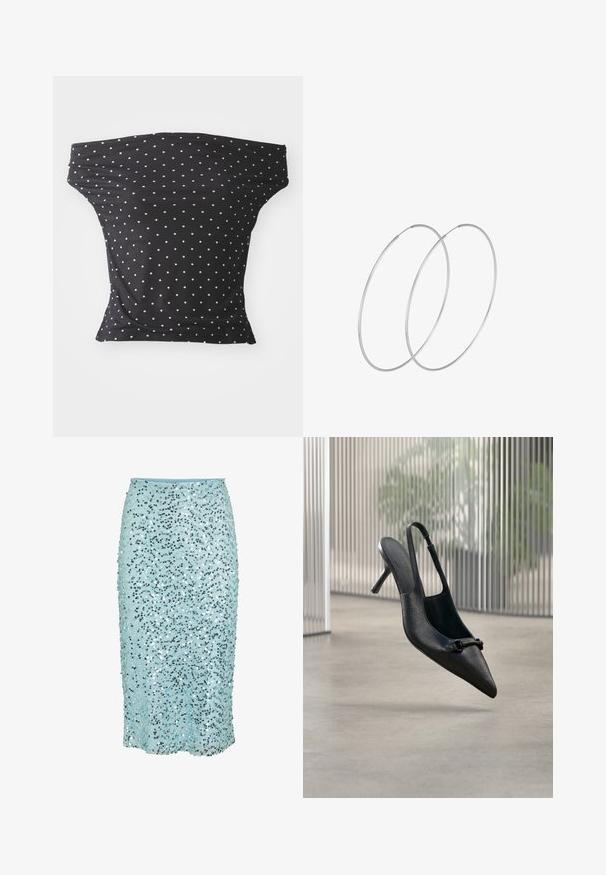 Čierny off-shoulder top vyrobený z pružnej látky, s bielymi bodkami, so priliehavým strihom a mäkkou textúrou.; Svetlomodrá sukňa z flitrov s priliehavým strihom, zdobená vlnitým vzorom žiariacich flitrov, po kolená s hladkou textúrou.; Čierna kožená slingback vysoká podpätková obuv s textúrou, so špicatou špičkou a malou dekoratívnou prackou, vznášajúca sa nad hladkou podlahou.; Strieborné kruhové náušnice s minimalistickým dizajnom. Cirkulárny tvar, hladký povrch a tenký profil. Ľahké s lesklým povrchom.