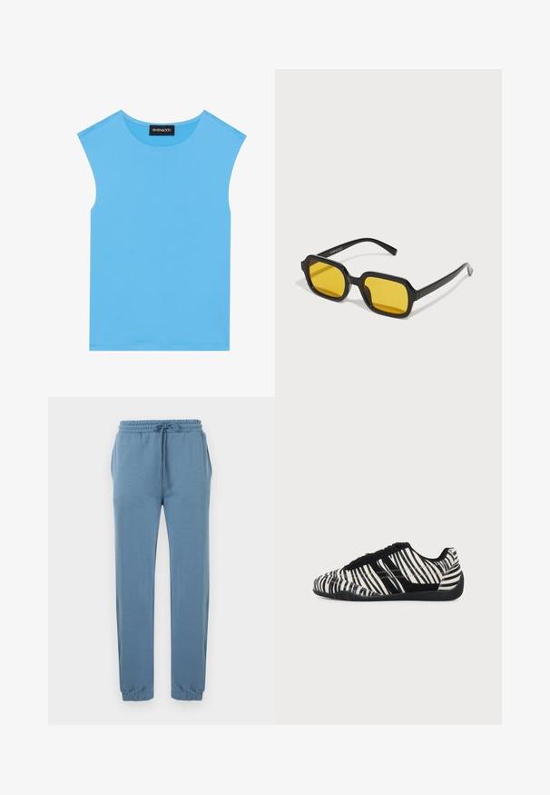Top sans manches bleu en tissu lisse, avec un col rond et des lignes épurées, sans embellissements ni motifs supplémentaires.; Pantalon de jogging bleu clair en tissu doux, avec une ceinture élastique et cordon de serrage, des poches latérales et des chevilles élastiques.; Baskets à lacets noires et blanches avec motif rayures zèbre et semelle noire texturée sur un fond clair uni.; Lunettes de soleil rectangulaires noires avec des verres jaunes. Les caractéristiques incluent des montures épaisses et un design anguleux avec une finition lisse et brillante.