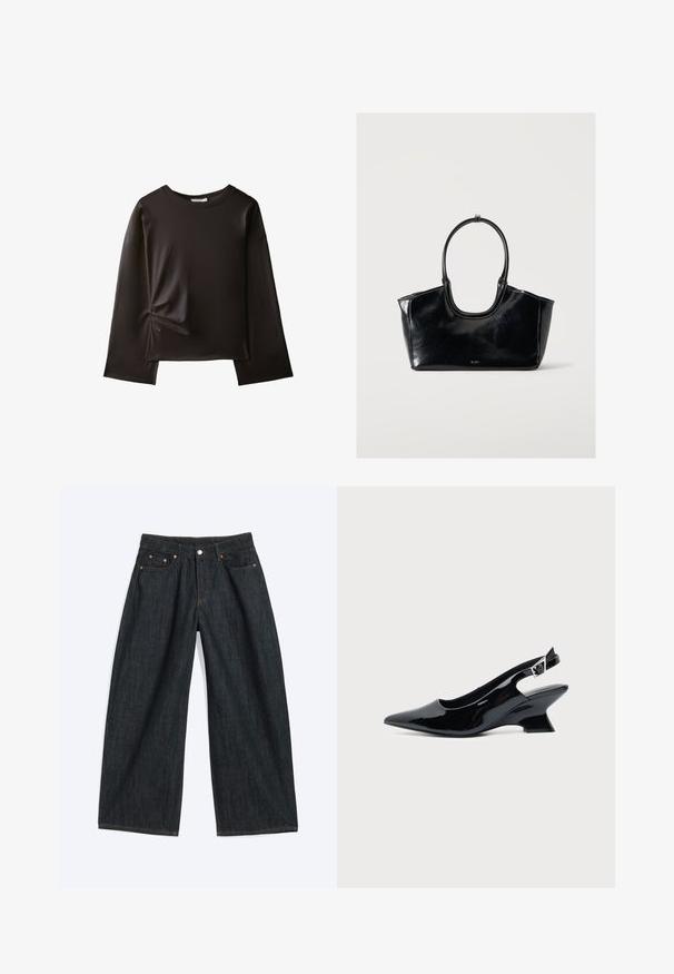 Chemise noire à manches longues avec un col rond et un petit détail froncé sur le côté gauche près de la taille.; Jean en denim bleu foncé à jambes larges avec bouton et fermeture éclair à l'avant, passants de ceinture et cinq poches, posé à plat sur fond blanc.; Chaussure slingback en cuir verni noir avec bout pointu et petit talon bloc incliné sur fond clair uni.; Sac à main en cuir noir brillant avec une grande poignée ovale et un logo subtil à l'avant sur un fond clair uni.