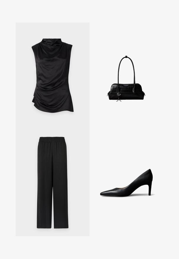 Top sans manches noir en tissu lisse, présentant un col drapé, un ourlet asymétrique et un détail de fronces subtil sur le côté.; Pantalon large noir avec une taille élastique, fabriqué dans un tissu lisse et léger. Présente une coupe droite et sans motifs visibles.; Escarpin pour femme en cuir noir à bout pointu avec talon moyen, présenté de profil sur un fond blanc.; Sac à épaule en cuir noir à texture crocodile, avec de longues sangles et un petit charm logo argenté sur une sangle.