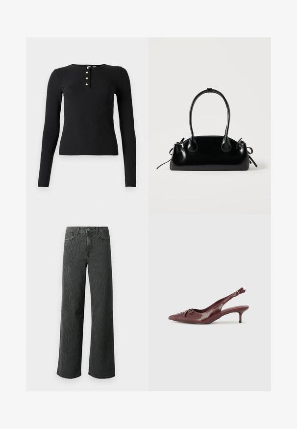 Sort langærmet ribbede top med rund halsudskæring og fem knaplukninger med små, lysfarvede knapper. Blød tekstur, tætsiddende design.; Bredde ben jeans i mørkegrå denim med en subtil zebra-mønster tekstur, kontrastsyninger og fem lomme design med en knap zip.; Bordeaux læder slingback hæl med spidse tå, justerbar rem og dekorativ sløjfedetalje foran. 7,5 cm hælhøjde.; Lille sort blank håndtaske med to lange håndtag og snøre-detaljer i siden på en ensfarvet lys baggrund.