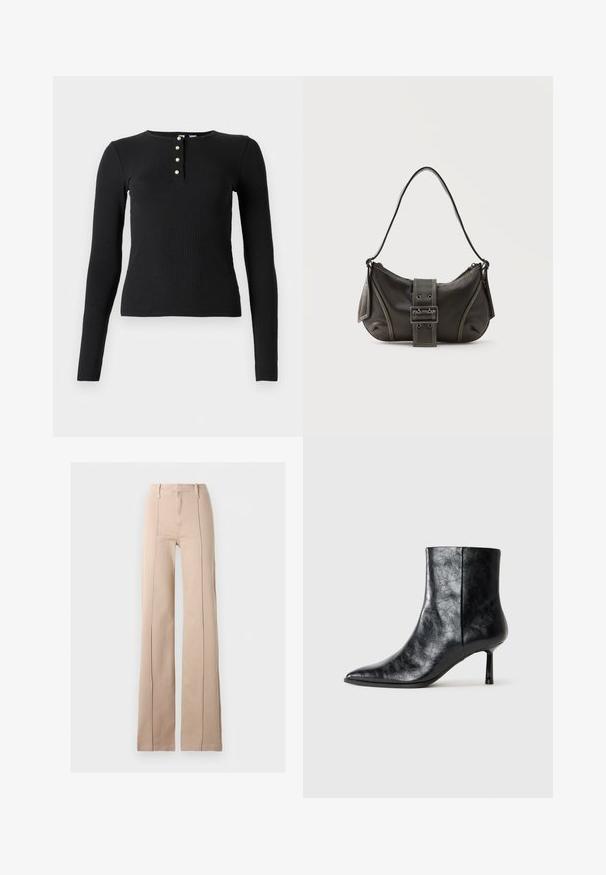 Sort langærmet ribbede top med rund halsudskæring og fem knaplukninger med små, lysfarvede knapper. Blød tekstur, tætsiddende design.; Beige viddebukser med højtaljet snit, forsynede med fremadrettede syninger, bæltestropper og lynlås foran på en ensfarvet baggrund.; Sort læder ankelstøvle med spids tå og en tynd, kort hæl. Har en tekstureret overflade og et rent design med en sømløs side.; Sort læder skuldertaske med spænde på remmen, afrundede kanter og kontrasterende hvide syninger på en ensfarvet baggrund.