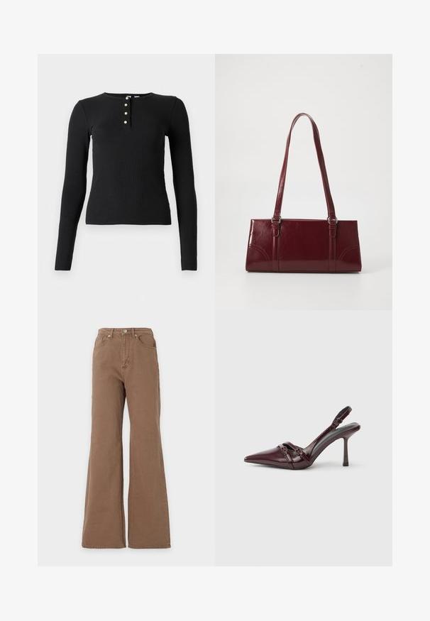 Schwarzes langärmliges Rippoberteil mit Rundhalsausschnitt und fünf Knopfblende mit kleinen, hellen Knöpfen. Weiche Textur, figurschmeichelnde Passform.; Braune High-Waist-Jeans mit ausgestelltem Bein, Frontknopfverschluss sowie vorderen und hinteren Taschen, vor einem schlichten Hintergrund präsentiert.; Bordeauxroter Slingback-Pumps aus Lackleder mit spitz zulaufender Vorderkappe, dünnem Knöchelriemen und kleiner dekorativer Schnalle. Glatte Textur und hoher Absatz.; Burgunderfarbene Handtasche aus glänzendem Material, rechteckige Form, mit zwei Schulterriemen und subtilen, geschwungenen Akzenten an der Vorderseite.