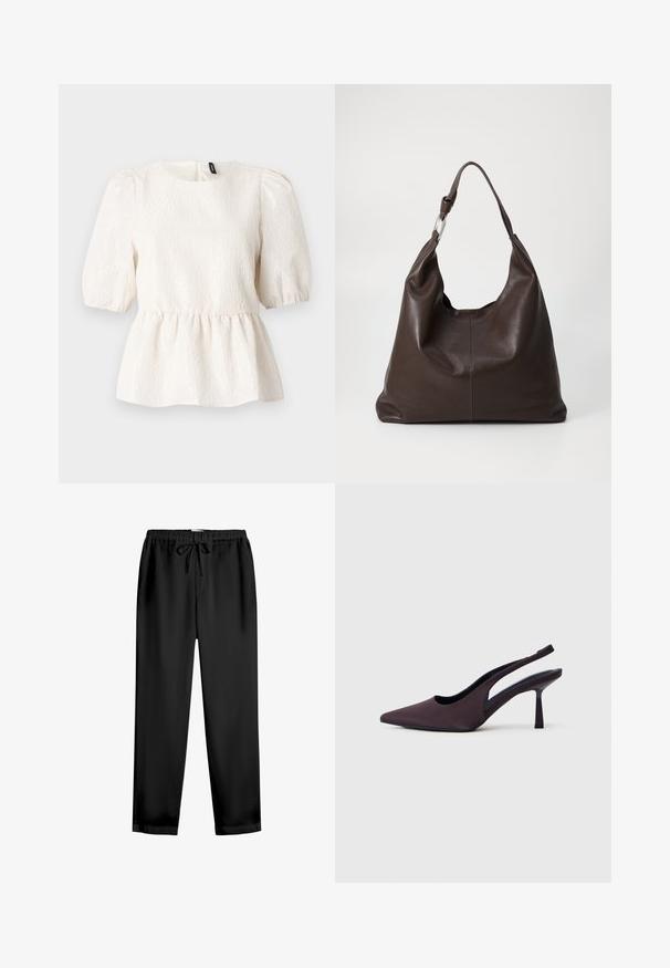 Haut peplum blanc en tissu texturé, avec des manches courtes bouffantes, un col rond et une fermeture en forme de trou de serrure à l'arrière. Motif ondulé subtil sur toute la surface.; Pantalon noir à jambes droites avec taille élastique et cordon de serrage à l'avant, en tissu lisse, présenté à plat sur fond blanc.; Chaussure à talon slingback en tissu violet foncé. Design à bout pointu, côtés ouverts, et talon mince de forme carrée. Texture lisse.; Zign Cabas - chocolate brown