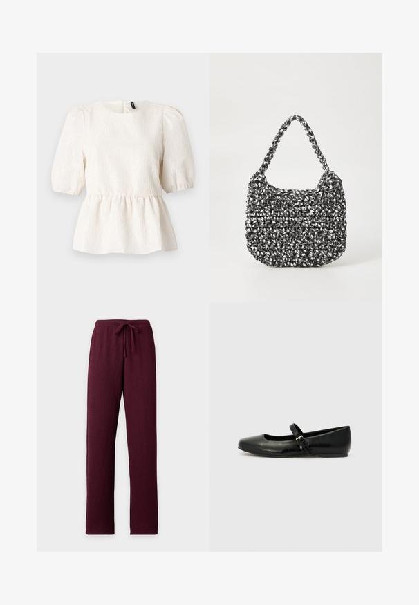 Haut peplum blanc en tissu texturé, avec des manches courtes bouffantes, un col rond et une fermeture en forme de trou de serrure à l'arrière. Motif ondulé subtil sur toute la surface.; Pantalon bordeaux texturé avec jambes droites et taille élastique munie d’un cordon de serrage assorti.; Ballerines en cuir noir avec un bout arrondi, une semelle plate et une fine sangle ajustable sur le cou-de-pied avec une boucle en métal.; Sac en osier noir et blanc de forme arrondie, avec une surface texturée et une poignée tressée. Convient à un usage décontracté.