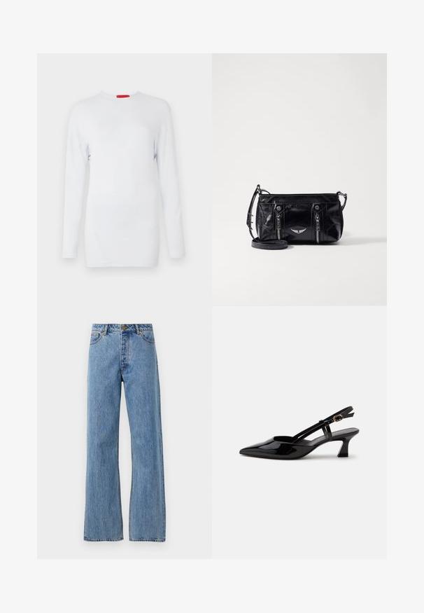 Langærmet hvid top lavet af blødt stof, med rund halsudskæring og skrå sømdetaljer for et tekstureret udtryk. Rød mærkebadge.; Lyseblå højtaljede lige jeans med frontknap, lynlås og femlomme-design på hvid baggrund.; Sort laklæderslingback med lille hæl, spids tå og justerbar guldlåsrem på hvid baggrund.; Sort faux læder crossbody taske med lynlåslommer, et dekorativt sølv emblem og en justerbar rem. Glossy tekstur og kompakt form.