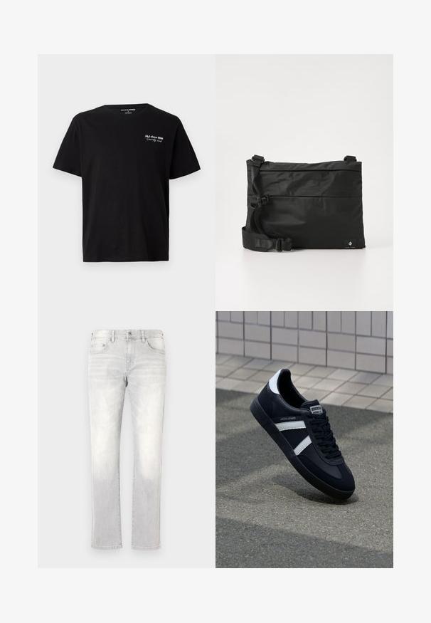 Zwarte katoenen T-shirt met korte mouwen en witte tekst "J&J since 1990 Society Club" op de bovenste linkerborst en een ronde hals.; Lichtgrijze denim jeans met een recht model, subtiele vervaging, achterzakken en een enkele achterzak. Klassieke knoop- en ritssluiting.; Zwarte leren sneaker met witte strepen, een gestructureerde rubberen zool en vetersluiting aan de voorkant. Voorzien van een merklabel op de tong.; Zwarte nylon boodschappentas met verstelbare riem, plat ontwerp en een zijlabel met een logo. Soepele textuur en minimalistische stijl.