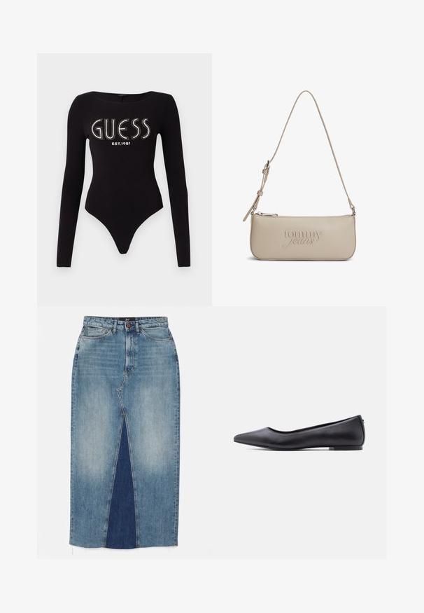 Sort langærmet bodystocking med en scoop-halsudskæring, prydet med "GUESS" i rhinsten og "EST.1981" i hvid, lavet af strækstof.; Lyseblå denimnederdel med lige snit, der har et centralt mørkere blåt panel, fem lommer og messingknapdetaljer.; Sort flad lædersko med spidst tåparti og lav hæl, vist i sideprofil mod en hvid baggrund.; Beige skuldertaske fra Tommy Jeans med slank rektangulær form, præget logo, justerbar rem og lynlås i toppen.