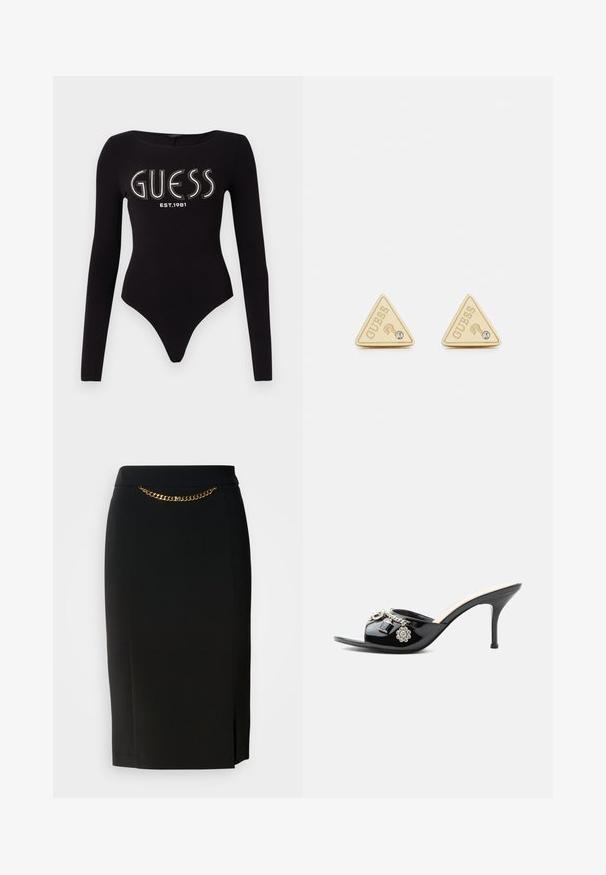 Sort langærmet bodystocking med en scoop-halsudskæring, prydet med "GUESS" i rhinsten og "EST.1981" i hvid, lavet af strækstof.; Sort blyantskirt med et lille slids, der har en guld kædedetalje ved livet. Lavet af et glat, strækbart stof for komfort.; Sort laklæder højt hælet mule med åben tå og dekorative sølvcharme inklusive en blomst og hængelås på frontstroppen.; Guess PARTY - Øreringe - gold-coloured