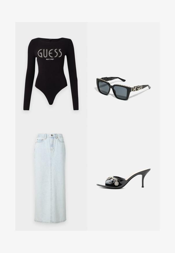 Sort langærmet bodystocking med en scoop-halsudskæring, prydet med "GUESS" i rhinsten og "EST.1981" i hvid, lavet af strækstof.; Lyseblå denim maxi-nederdel med lige design, frontknaplukning og synlige syninger. Har to frontlommer.; Sort laklæder højt hælet mule med åben tå og dekorative sølvcharme inklusive en blomst og hængelås på frontstroppen.; Sorte rektangulære solbriller med mørke linser og en tyk ramme. Siderne har et metallic kædedesign med guldfarvede detaljer.