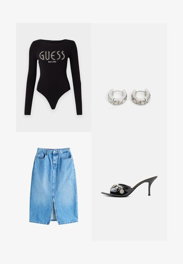 Sort langærmet bodystocking med en scoop-halsudskæring, prydet med "GUESS" i rhinsten og "EST.1981" i hvid, lavet af strækstof.; Lyseblå denimnederdel med en frontal slits, fem lommer og knaplukning. Har et klassisk lige snit og frynset kant.; Sort laklæder højt hælet mule med åben tå og dekorative sølvcharme inklusive en blomst og hængelås på frontstroppen.; Guess STYLISH - Øreringe - silver-coloured