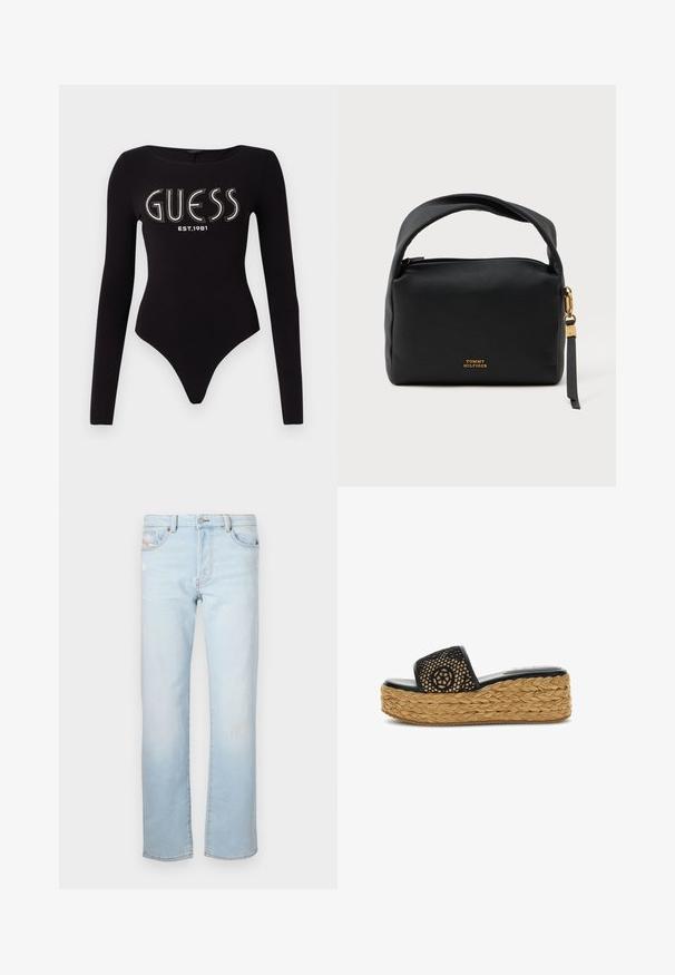 Sort langærmet bodystocking med en scoop-halsudskæring, prydet med "GUESS" i rhinsten og "EST.1981" i hvid, lavet af strækstof.; Lyseblå denimjeans med lige pasform, der har let slid, fem lommer og knaplukning.; Sort slidesandal med vævet overdel i blomstermønster og tyk, fletbundet jutesål i plateau.; Sort læderhåndtaske med tekstureret overflade, rund form, kortt håndtag, hardware i guldtoner og et mærke-logo på fronten.
