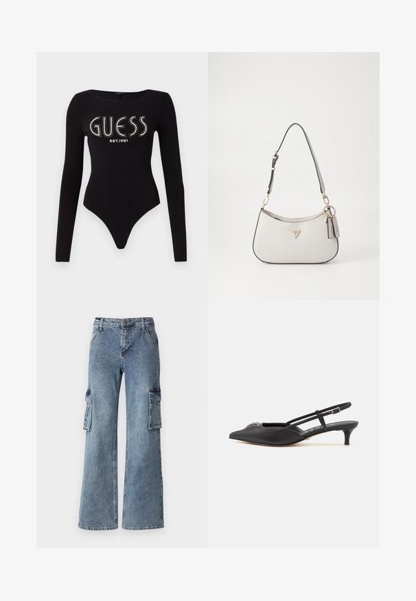 Sort langærmet bodystocking med en scoop-halsudskæring, prydet med "GUESS" i rhinsten og "EST.1981" i hvid, lavet af strækstof.; Bredde denim cargo bukser i blå med sidelommer, knaplukning og bæltestropper. Stoffet har en lys vask med subtilt slid.; Sorte slingback-sko med spids tå, lavet af glat materiale, med en lille hæl og en dekorativ sølvaccent på vamps.; Hvid tekstureret håndtaske med en buet form, guldfarvet hardware, en aftagelig rem og et logo-akcent. Inkluderer en nøglekædetag med branding.