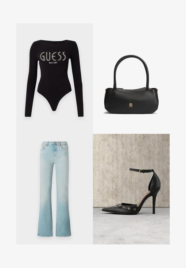 Sort langærmet bodystocking med en scoop-halsudskæring, prydet med "GUESS" i rhinsten og "EST.1981" i hvid, lavet af strækstof.; Lyseblå, højtaljede denimjeans med vidde i benene, forknapper samt lommer foran og bagpå, vist på hvid baggrund.; Sort læder pumphøjhælede sko med spids tå, ankelrem og guldfarvede udsmykninger hen over overdelen. Glat tekstur.; Sort læderhåndtaske med dobbelte runde håndtag, guldlynlås og lille gyldent sammenlåst logo foran i midten.