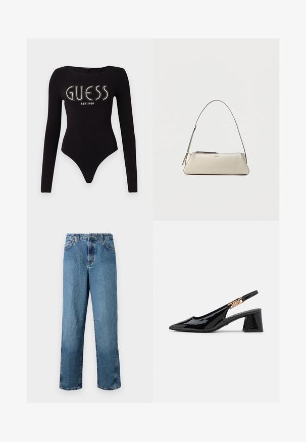 Sort langærmet bodystocking med en scoop-halsudskæring, prydet med "GUESS" i rhinsten og "EST.1981" i hvid, lavet af strækstof.; Lyseblå denimjeans med lige pasform, udstyret med stiklommer, en frontknaplukning og minimal falmning på stoffet.; Sorte patentlæder slingback pumps med spidse tæer og guldfarvet hardware på remmen, med en blokhælhøjder. Glat tekstur.; Lille beige læder skuldertaske med tynd rem og lynlås, mærket med et diskret metal-logo på frontens midte.