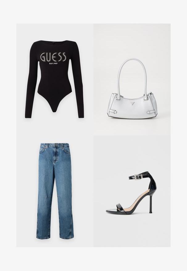 Sort langærmet bodystocking med en scoop-halsudskæring, prydet med "GUESS" i rhinsten og "EST.1981" i hvid, lavet af strækstof.; Lyseblå denimjeans med lige pasform, udstyret med stiklommer, en frontknaplukning og minimal falmning på stoffet.; Sort højhælet sandal i laklæder med ankelrem. Har minimalistisk design, åben tå og spænde med rhinsten-detaljer.; Sølv håndtaske med et struktureret design, der har to håndtag, en skinnende overflade, accenthardware og et trekantet logo på fronten.
