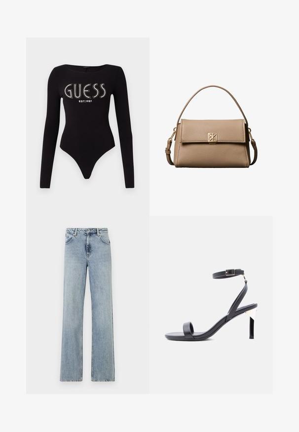 Sort langærmet bodystocking med en scoop-halsudskæring, prydet med "GUESS" i rhinsten og "EST.1981" i hvid, lavet af strækstof.; Lyseblå, brede jeans lavet af denim. Har knap- og lynlåslukning, frontlommer og subtilt slid. Rene sømme.; Sort hæl-sandal med stropper, ankelspænde, slank hæl og åben tå mod en ensartet hvid baggrund.; Beige håndtaske i kornet læder med topstrop, klaplukning, gyldent geometrisk lås og justerbar skulderrem.