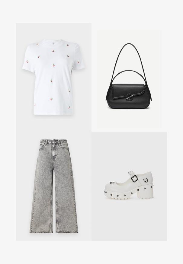 Weißes Baumwoll-T-Shirt mit kurzen Ärmeln, das mit verstreutem roten Kirschstickerei und grünen Stängeln als wichtigen dekorativen Details versehen ist.; Weit geschnittene Jeans aus verblasstem schwarzem Denim, mit hoher Taille, klassischem Fünf-Taschen-Design und sichtbaren Nähdetails.; Weiße Plateauschuhe mit abgerundetem Zehenbereich, Schnallenriemen und kreisförmigen Nieten. Texturierte Sohle mit leichtem Absatz und dekorativem Hardware-Detail.; Schwarze Lederhandtasche mit abgerundeten Kanten, asymmetrischem Überschlag, metallfarbenem runden Verschluss und kurzen sowie langen Schulterriemen.