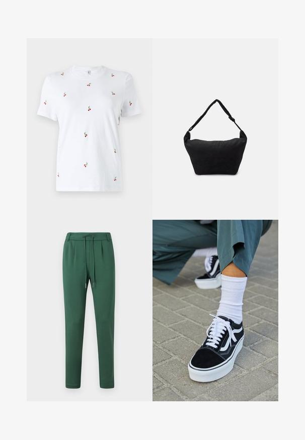 Witte katoenen t-shirt met korte mouwen, voorzien van verspreide rode kersborduursels en groene stelen als opvallende decoratieve details.; Groene joggingsbroek van zacht materiaal, met een elastische tailleband met trekkoord, taps toelopende benen en zijsplitdetails.; Zwarte suède sneaker met witte accenten en veters, uitgerust met een dikke witte zool en contrasterende stiksels, gecombineerd met een witte sok.; Zwarte stoffen schoudertas met een zachte, gestructureerde oppervlakte, ronde vorm en een enkele strap. Minimalistisch ontwerp zonder zichtbare hardware of accenten.