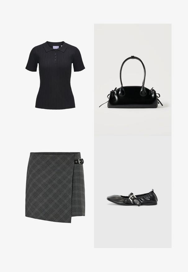 Zwart kortademig geribbeld katoenen poloshirt met vier knopen en een traditionele kraag.; Donkergrijze geruite wollen wikkelrok met zwarte gespdetail aan de rechterzijde, rechte zoom en subtiele diagonale lijnenpatroon.; Zwarte leren platte schoen met een spitse neus, geplooide details rond de opening en een zilveren gespaccentueerde verstelbare band.; Kleine zwarte glanzende handtas met twee lange hengsels en zijkant trekkoord details op een effen lichte achtergrond.