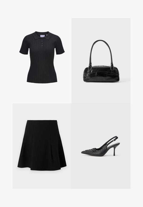 Sort kortærmet ribstrikket polo i strik med fire knapper og traditionelt krave.; Sort flared nederdel med folder foran, en glat tekstur og en skjult lynlås lukning bagpå.; Sorte læder slingback stiletto med spids tå, side spændebånd, nitter langs kanten og dekorativ snøring foran.; Sort læderhåndtaske med rektangulær form, der har et enkelt struktureret håndtag, sølvhardware og lynlås-lukning. Glat tekstur.