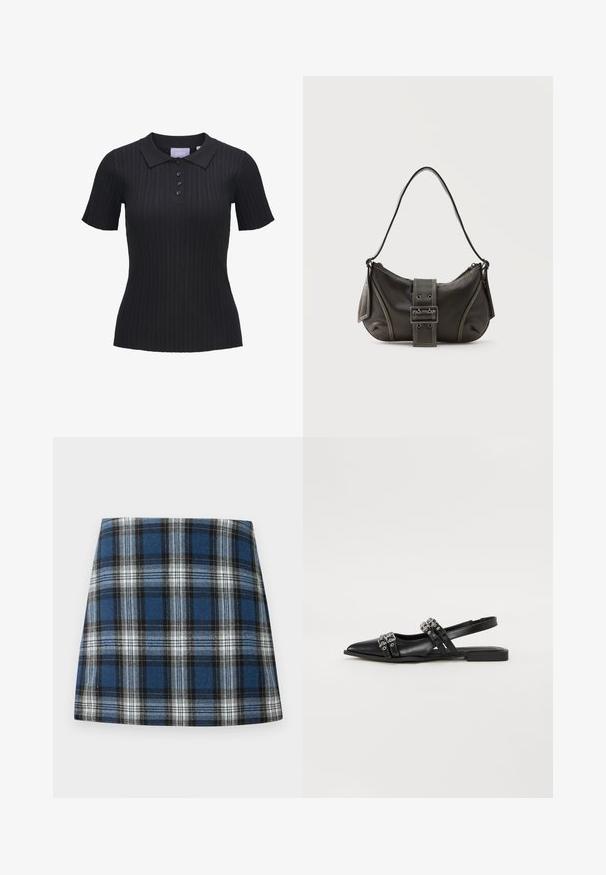 Zwart kortademig geribbeld katoenen poloshirt met vier knopen en een traditionele kraag.; Blauwe geruite rok met een gevarieerd ruitpatroon in blauw, zwart en wit. Gemaakt van een textuurstof met een aansluitende pasvorm.; Even&Odd by Zalando Slingback ballerina´s - black; Zwarte leren schoudertas met gespsluiting aan de riem, afgeronde hoeken en contrasterende witte stiksels op een effen achtergrond.