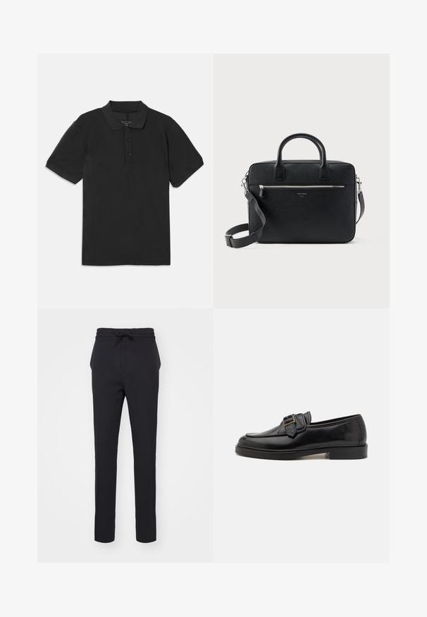 Polo noir à manches courtes, avec un col et une patte de boutonnage à trois boutons. Fabriqué à partir d'un tissu lisse et léger, présentant un design classique.; Pantalons noirs fuselés en tissu doux. Dotés d'une taille à cordon de serrage et de poches latérales avec une texture lisse.; Mocassins en cuir noir avec un bout arrondi et une boucle décorative. Talon plat, solide et texture lisse sur l'ensemble.; Serviette rectangulaire en cuir noir texturé avec double poignée, poche avant zippée et bandoulière réglable présentée sur fond blanc.