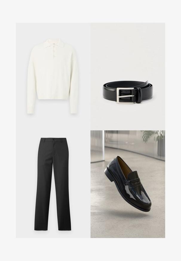 Hvid pullover sweater med krave, tre knapper foran og ribbede manchetter og kant. Blødt, struktureret stof med en afslappet pasform.; Samsøe Samsøe SAJOHNNY TROUSERS - Bukser - turkish coffee; Sorte patentlæder loafer med en syet detalje, rund tå, lav hæl og glat overflade, præsenteret mod en neutral baggrund.; Rullet sort blankt læderbælte med en sølvfarvet rektangulær metalspænde på en ensfarvet lys baggrund.