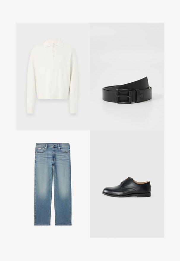 Hvid pullover sweater med krave, tre knapper foran og ribbede manchetter og kant. Blødt, struktureret stof med en afslappet pasform.; Lyseblå straight-leg denim jeans med falmede detaljer, frontknap og lynlås samt fem-lomme design inklusive et lille Calvin Klein mærke på lommen.; Calvin Klein ESS DERBY - Snøresko - triple black; Sorte læderbælte med en rektangulær metalspænde. Har en glat overflade og minimalistisk design, ruller let ved enden.